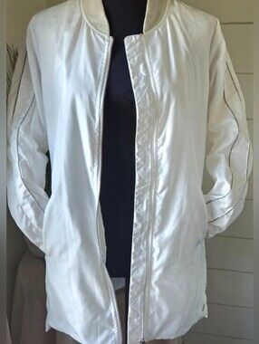Rino Pelle White Longline Bomber Jacket Coat EU 34 XS Luxury Streetwear Chic
